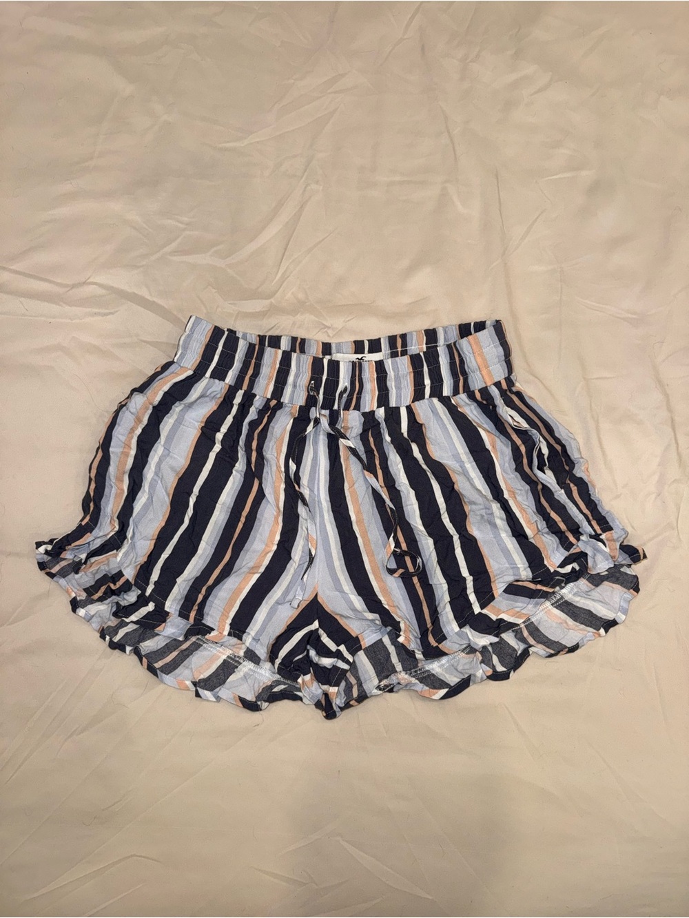 Hollister Navy, White & Tan Vertical Stripe Ruffle Shorts